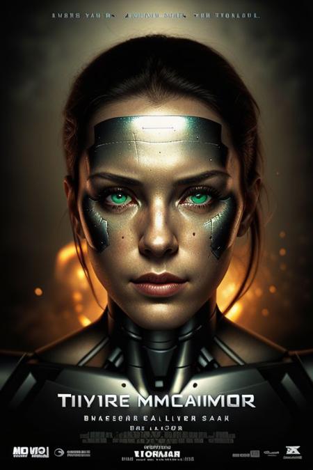movieposter, Close-up portrait of a stoic female android with a weathered, metallic face. Deep-set green eyes glow faintly with a red inner light, hinting at her advanced AI. Her strong jawline and prominent cheekbones are accentuated by cybernetic enhancements embedded beneath the metallic skin. The corner of her lip is slightly raised in a barely perceptible smirk, suggesting hidden processing power. Cinematic lighting with dramatic shadows highlighting the details of her face. Hyperrealistic style, detailed metallic textures, inspired by the Terminator franchise. cinematic Impressionism, masterpiece layout design, cinematic cloud of red smoke font design, movie poster design , 100 shade of Darkness Horror Movie