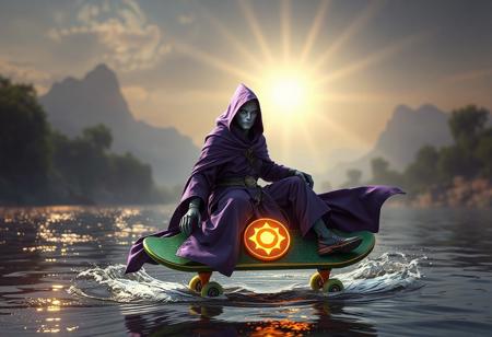 A powerful purple-robed dark magician with a pale gray head, seated on a dynamic green/orange skateboard with bright emblem. Foreground by glistening river, distant radiant Realm of Light background. Cinematic lighting, Unreal Engine 5, Octane Render, Artstation trending, CGSociety, high-res, 4k, intricate details, Golden Ratio, matte painting, impeccable composition.