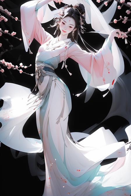 a girl(full body)  ,white | pink  dress ,dancing,  Plum Blossom ,sunlight,white background,    <lora:guofengmeizia:0.8>