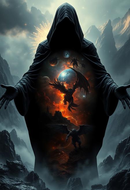 A universe inside a dark cloaked figure within mysterious landscape in an unfathomable realm of fantastic creation inhabited by ancient shadows of a forgotten time beyond the gate of the gateless gate where life is limitless, light is shadow and shadow is light, eerie sense, horror, spark of the beginning, existence and nonexistence at once, ethereal, outstretched arms, behold the end of the beginning, inglorious glory to the dark one, betrayal of the ancient order, beware the 7headed beast, black dragon king of the old ways