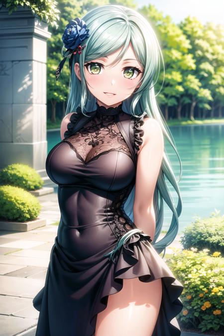 (masterpiece, best quality, ultra-detailed), (illustration), (beautiful detailed eyes), <lora:add_detail:0.6>,
(1girl), (solo), hikawa sayo, long hair, (aqua hair:1.2), (green eyes:1.1), hair ornament, <lora:SayoV1:0.5>
(dress, frills:1.3)
(outdoors, greenary:1.2)
looking the viewer, smile, parted lips, (standing:1.5),  (arms behind back:1.3), (cowboy shot),