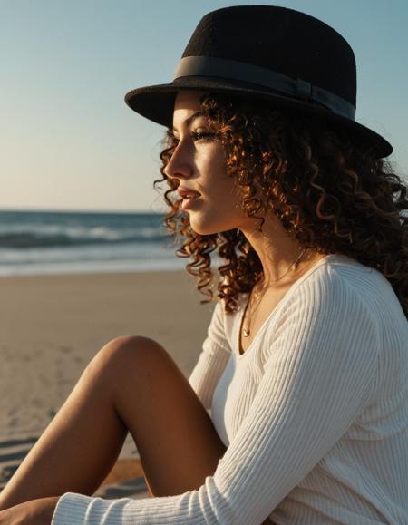 photograph action photography as a ((journalist)) with ((curl hair)) wearing a (hat), dressed in White long-sleeve top, ribbed texture, sandy beach, ocean waves, clear sky, sitting down, hand in hair, looking sideways, close-up shot, high resolution, natural light, shallow depth of field, glamour photography soft lighting, golden hour, sensual lighting, beautiful dynamic dramatic dark moody lighting, detailed freckles skin, (side view:1.3), shot on Leica CL with Leica Summilux-TL 35mm f-1.4 ASPH, 50mm . cinematic 4k epic detailed 4k epic detailed photograph shot on kodak detailed cinematic hbo dark moody, 35mm photo, grainy, vignette, vintage, Kodachrome, Lomography, stained, highly detailed, found footage, action photography as a ((journalist)) with ((curl hair)) wearing a (hat), dressed in White long-sleeve top, ribbed texture, sandy beach, ocean waves, clear sky, sitting down, hand in hair, looking sideways, close-up shot, high resolution, natural light, shallow depth of field, glamour photography soft lighting, golden hour, sensual lighting, beautiful dynamic dramatic dark moody lighting, detailed freckles skin, (side view:1.3), shot on Leica CL with Leica Summilux-TL 35mm f-1.4 ASPH, naive, sharp focus, intricate, elegant, highly enhanced, sacred colorful background, modern contemporary very fine cinematic composition, magical atmosphere, pristine