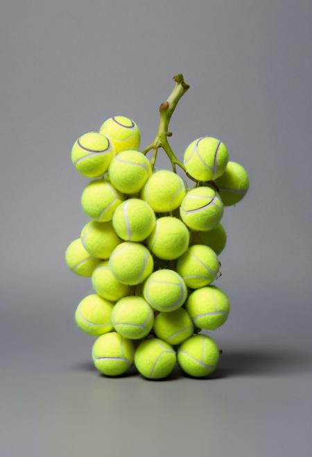 One object, gray background, grapes made out of tennis balls