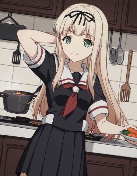 yuudachi, long hair, blonde hair, green eyes, hair ribbon, black ribbon, straight hair, yuudachi (kancolle) skirt, school uniform, pleated skirt, serafuku, black skirt, neckerchief, red neckerchief, black serafuku, white sailor collar,