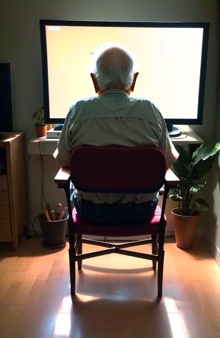 WholesomeGrandpas, award winning portrait photo, from behind, watching (naked women on a TV screen:1.5), sitting in a chair, Key light, backlight, soft natural lighting, photography 1400 ISO film grain 100mm lens RAW aperture f1.4, highly detailed,  ((full body)), (analog photography:1.0), hdr colors