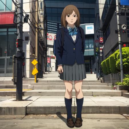 <lora:Noguchi001:0.7>,
Noguchi,1girl,
brown hair,
school uniform,
blazer,collared shirt,bowtie,
pleated skirt,
black socks,
shoes,
backpack,city,