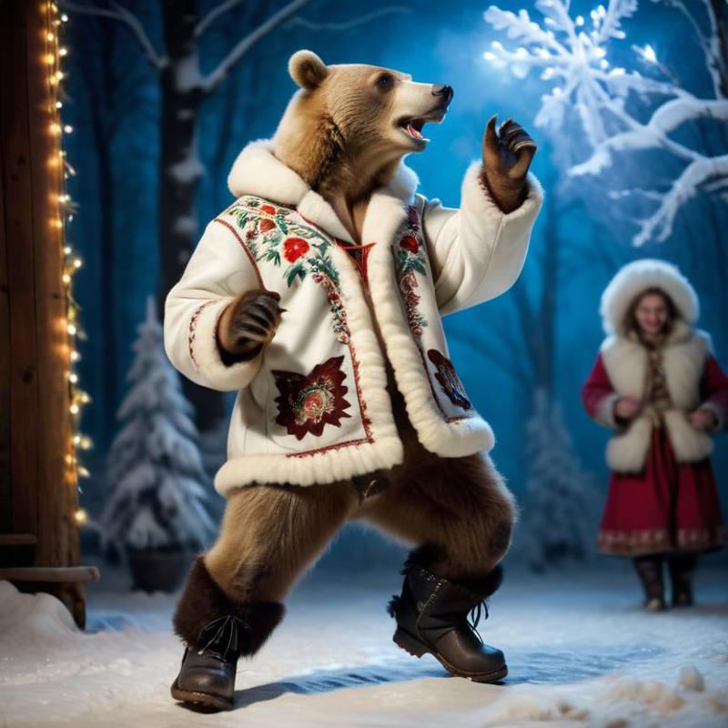 A teddy bear dressed in a winter outfit and standing on one leg.