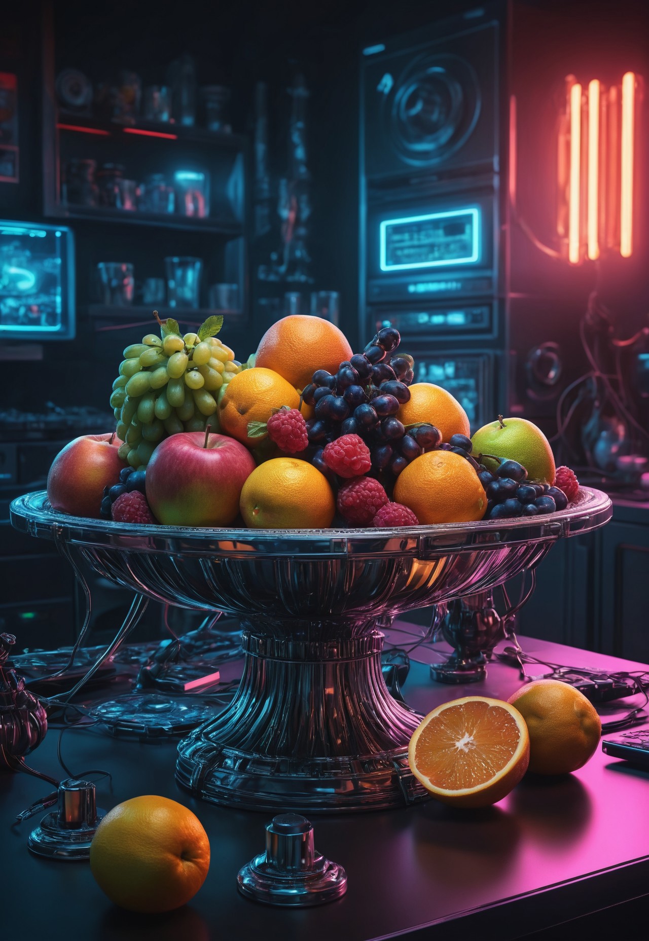 classic still life photography, futuristic elements, hyperdetailed, high contrast, intricate details, vibrant colors, photorealistic, 8K resolution, cinematic color grading, traditional composition, metallic fruits, glowing circuitry, cyberpunk aesthetics, advanced technology, sleek gadgets, neon lighting, soft natural lighting, reflective surfaces, elegant arrangement, serene background, fusion of old and new, harmonious blend, surreal atmosphere, dramatic lighting, realistic textures, artistic composition