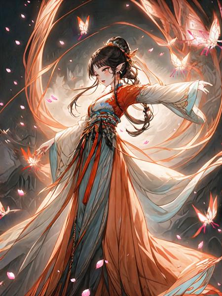 <lora:guochaorenwuV1.0:0.8>,guchen,1girl,braided ponytail,bangs,brown hair,butterfly,chinese clothes,falling petals,standing,sash,