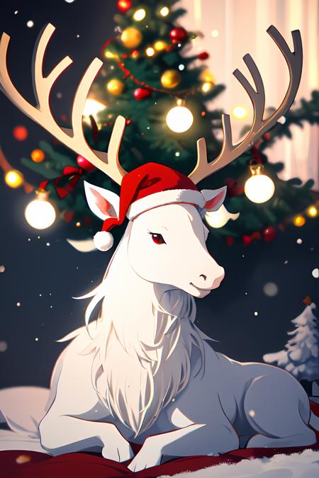 reindeer, <lora:reindeer_papercut:0.5>, raging, shiny, glowing, ramping, christmas lights, red ominous eyes, christmas tree in background