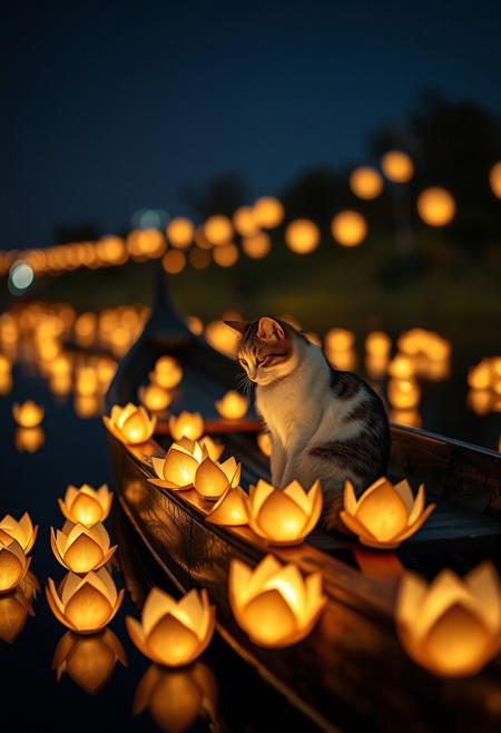 (Soft Lighting Photography by Mimoza Veliu and Mario Giacomelli:1.2), NSFW,  a breathtaking photo of a cat sitting in a wooden vietnam canoe.  The cat looks beside the canoe down to the water. There are many small glowing origami paper lotusflower lanterns around the canoe. The night sky reflects the paper lanterns and lights up the dark water, bokeh, fantasy, romantic,, expressive contrasts, soft lighting with dynamic highlights, award winning, a masterpiece,