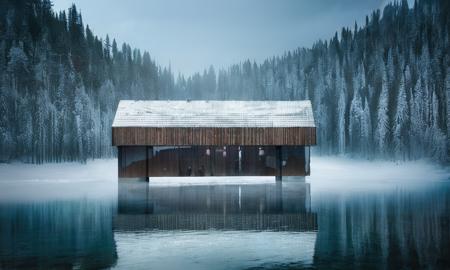 a building with a wooden roof sitting on top of a lake next to a forest filled with trees and snow, no humans, scenery, tree, outdoors, sky, reflection, bare tree, snow, fog, cloud, building, water, winter, forest, night
<lora:MIRstyle-v10:1>