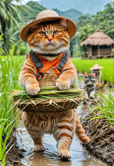 fluffy orange tabby fat cat wearing straw hat, asian farmer hat, walking guiding kittens wearing asian clothes, rice paddy, paddy, rice field in the background, morning, grass land background, there is a tree far in the background, river in side, asian farmer cat, cat and kittens standing and walking like human and children, cat work harvesting rice, cat holding, farmer tools