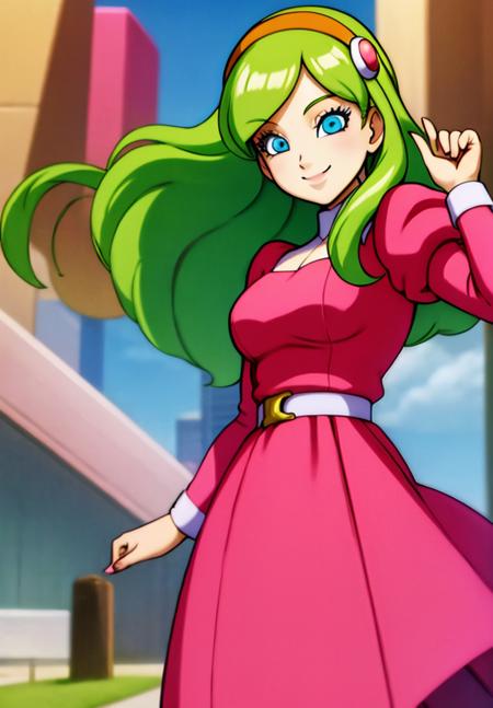 masterpiece, best quality, highest quality, perfect anatomy, perfect face, perfect eyes,
<lora:briannedechateau_i3_ex1:0.9>, briannedechateau-smf, 1girl, solo, green hair, blue eyes, dress, long hair, smile, puffy sleeves, pink dress, belt, long sleeves, juliet sleeves, hairband, smile