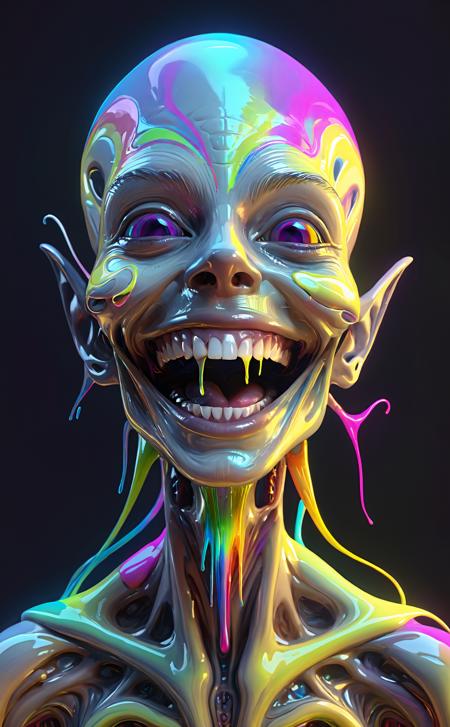 impossibly beautiful portrait of alien shapeshifter entity,insane smile,intricate complexity,surreal horror,inverted neon rainbow drip paint,trending on art station,photoreal,8 k,octane render by greg rutkowski,