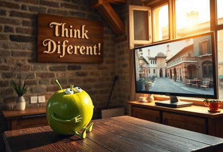 "In a cozy Italian apartment, an anthropomorphic green apple with expressive features—eyes, arms, and legs—sits on a rustic wooden table, watching a large TV on the wall. Golden sunlight filters through an open window, revealing an old piazza with cobblestone streets and terracotta rooftops. On the screen, an Apple computer commercial plays, showcasing sleek designs and vivid colors.
The green apple leans forward, captivated, its eyes wide with curiosity. A beautifully crafted cardboard sign hangs above the TV, boldly reading 'Think Different!' in elegant, Renaissance-inspired typography. The sign’s intricate details blend old-world craftsmanship with modern flair.
The room combines traditional and contemporary Italian aesthetics: exposed brick, wooden beams, and modern decor. Soft light from the TV illuminates the apple’s glossy green skin, as the scent of espresso drifts from the nearby kitchen, merging Italy’s timeless charm with high-tech innovation."