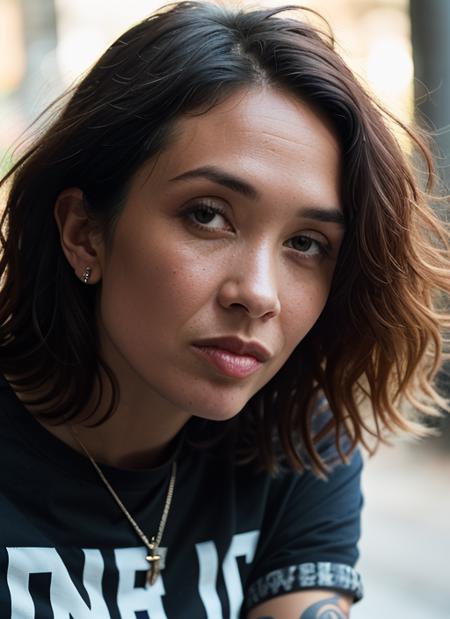 A stunning intricate color close up portrait of (sks woman:1) , wearing Band t-shirt and ripped jeans, epic character composition, sharp focus, natural lighting, subsurface scattering, f2, 35mm, film grain, , by Peter Lindbergh, <lora:lora-small-myleene-klass-v1:1>