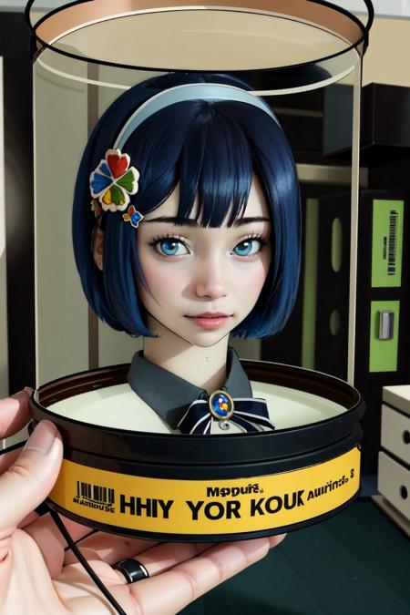 Highly detailed, High Quality, Masterpiece, beautiful, Head in Jar, <lora:HeadinJar-05:0.9>, 1girl, jar, head only, madobe nanami, hairclip, hairband, hair ornament, <lora:Char_Meme_OSTan:0.8>