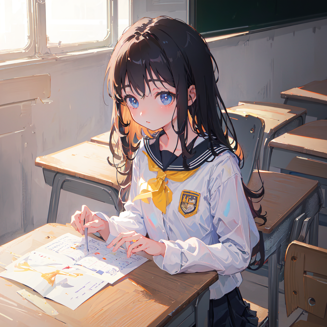 (masterpiece,best quality:1.4),ultra-detailed,illustration,
(solo,1girl,loli:1.2),
Classrooms, school uniforms,