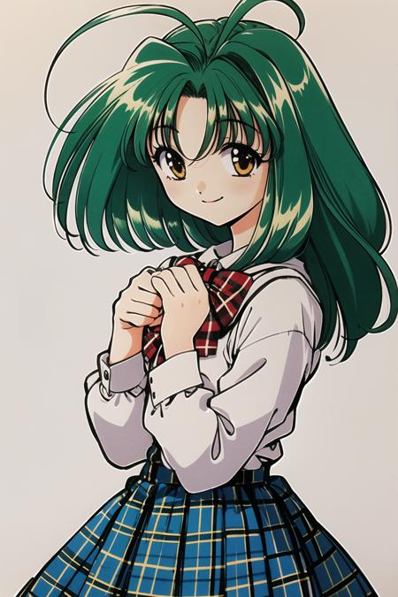 1girl, solo, skirt, bow, long sleeves, green hair, own hands together, simple background, plaid, blue bow, white background, smile, looking at viewer, cowboy shot, blue skirt, bowtie, brown eyes, blue bowtie, school uniform, plaid skirt, short hair, pleated skirt, medium hair, own hands clasped,<lora:Minene Sakurano:0.8>