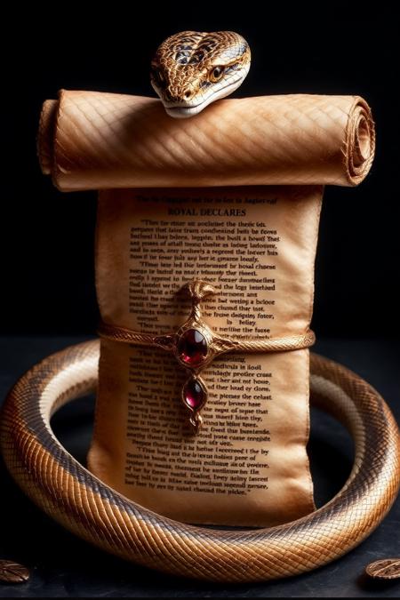 sn4k3. An ancient parchment wrapped in golden snake skin, sealed with a ruby-encrusted serpent clasp, containing forgotten royal decrees.