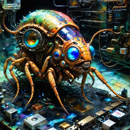 centipede made out of electronics and pc parts, mainboard, gpu, cpu, circuit, electronic resistor, condesator, whimsical photorealism, amazing depth, fantasy concept art, impressionist watercolor paint by Geoffroy Thoorens, James Christensen,  Russ Mills, intricate, cinematic lighting, highly detailed, smooth, sharp focus, perfect balanced style, amazing depth, complementary colors, sci-fi style, hyperdetailed, dark light, sinister masterwork by head of prompt engineering  <lora:SDXLFaeTastic2400:0.8>  <lora:hyperkraximalism_v1-1:0.6>