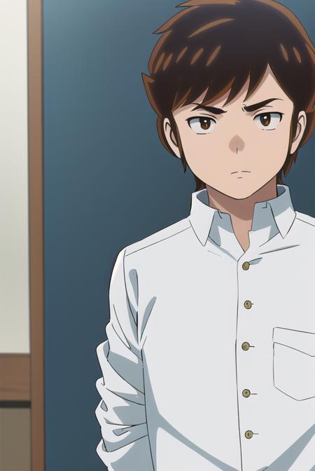 atarumoroboshi, <lora:ataru moroboshi s1-lora-nochekaiser:1>,
ataru moroboshi, brown hair, male focus, (brown eyes:1.5),
BREAK shirt, school uniform, white shirt, collared shirt, pants, black pants, sneakers, gakuran,
BREAK indoors, classroom,
BREAK looking at viewer, (cowboy shot:1.5),
BREAK <lyco:GoodHands-beta2:1>, (masterpiece:1.2), best quality, high resolution, unity 8k wallpaper, (illustration:0.8), (beautiful detailed eyes:1.6), extremely detailed face, perfect lighting, extremely detailed CG, (perfect hands, perfect anatomy),