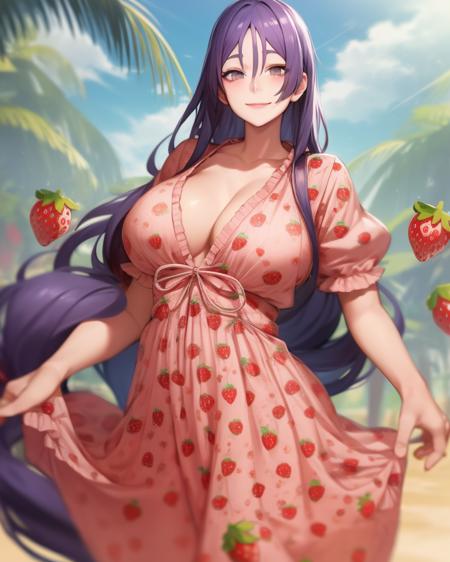 <lora:raikou:1> smile, looking at viewer, large breasts puffy short sleeves, strawberry print  <lora:outfit-strawberrydress:1>