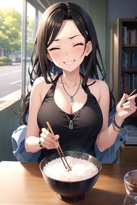 <lora:TakumiMukai-03:0.7> ,takumi, 1girl, solo, long hair, blush, smile, large breasts,  brown hair, shirt, black hair, holding, cleavage, bare shoulders, jewelry, medium breasts, collarbone, closed eyes, upper body, food, teeth, sleeveless, necklace, grin, bracelet, fingernails, swept bangs, tank top,  pendant, zipper, long fingernails, bowl, watch, chopsticks, purple shirt, zipper pull tab, rice, holding chopsticks, dog tags, rice bowl