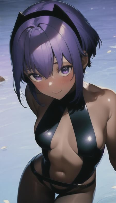 ((masterpiece, best quality, dark_skin, short_hair, wariza,))purple hair, dark-skinned female, purple eyes, dark skin, breasts, short hair, gloves, navel, bare shoulders, hairband, black hairband, fingerless gloves, black gloves,center opening, flower, black leotard, leotard, medium breasts, belt, small breasts, smile, blush , <lora:Hassan of Serenity:1>