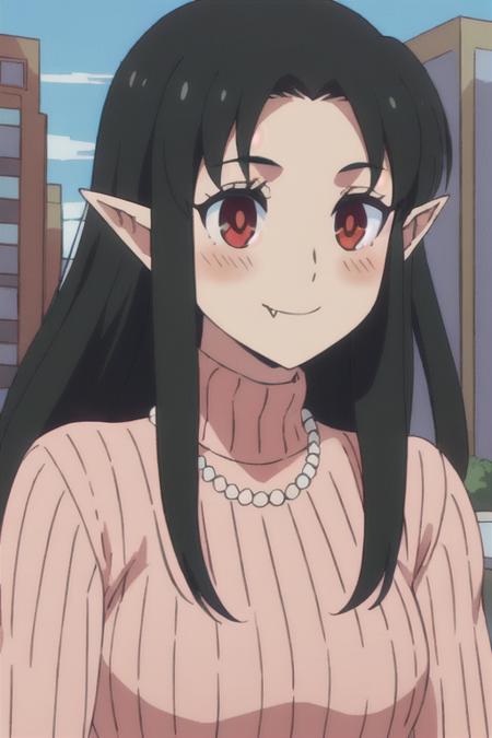 akemi, 1girl, pointy ears, solo, fang, long hair, black hair, red eyes, fang out,