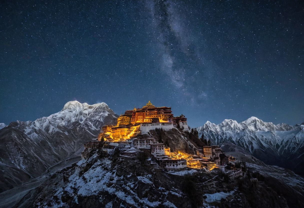 Imagine a breathtaking image of a Tibetan temple in the middle of the Himalayan peaks, the temple is majestic. Above, a star-studded canvas of night sky twinkles, with a small half moon glowing like a silver crescent. The mountains themselves are bathed in a soft, ethereal light, as if the stars have descended to illuminate the landscape. Shot on a Nikon D850 with a 24mm f/1.4 lens, this image should possess a sense of grandeur and wonder.