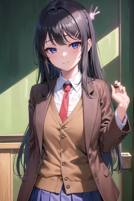 maisakurajima, <lora:maisakurajima-lora-nochekaiser:1>, 
sakurajima mai, long hair, bangs, (black hair:1.5), hair ornament, (purple eyes:1.2), hairclip, rabbit hair ornament, <lora:sensualface_type2:1>, smile,
BREAK skirt, shirt, school uniform, white shirt, short sleeves, pantyhose, pleated skirt, collared shirt, blue skirt, black pantyhose, red necktie, jacket, (brown jacket:1.5),
BREAK indoors, classroom,
BREAK looking at viewer, (cowboy shot:1.5),
BREAK <lyco:GoodHands-beta2:1>, (masterpiece:1.2), best quality, high resolution, unity 8k wallpaper, (illustration:0.8), (beautiful detailed eyes:1.6), extremely detailed face, perfect lighting, extremely detailed CG, (perfect hands, perfect anatomy),