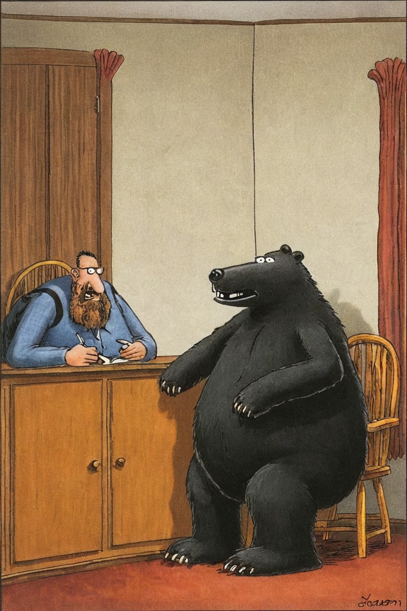 a color far side comic strip illustration of  a bear, by Gary Larson, <lora:Gary_Larson_Style_XL_Color_Far_side-000005:1>