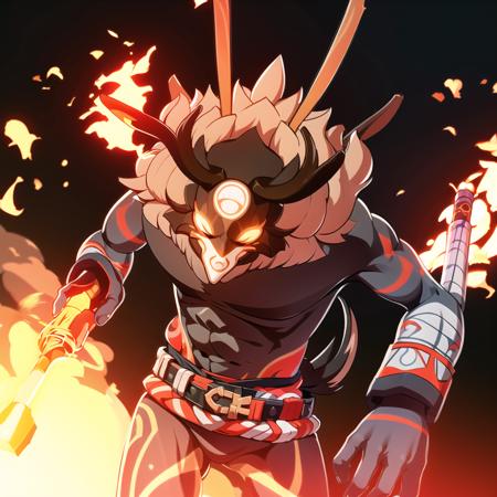 solo, fire, 1boy, weapon, white background, simple background, male focus, belt, horns, club (weapon)