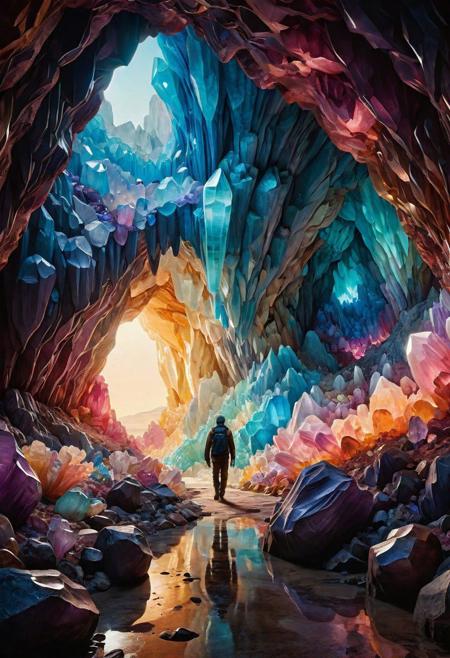 a highly detailed digital illustration of ((a luminous ral-ntrgmstn cavern, a figure walking in the distance)),  highly detailed, intricate, volumetric lighting, masterpiece, best quality, dramatic, epic, (white, azure, pastel colors, pastel pink, pastel yellow, pastel purple)