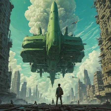 dream wave aesthetic, green square, missiles, smartphone photography, corrected faces, beautiful picture of stray, towering above a small person, fully symmetrical, toon aesthetic, aeroplane concept art, by John Harris and by Bruce Pennington, by Noah Bradley, by Maciej Kuciara + illustrative + visionary art + low angle + oil painting + Visionary art, DMT, psychedelic, The god particle, utopia  profile, artgerm,  featured in artstation, elegant, Moebius, Greg rutkowski
