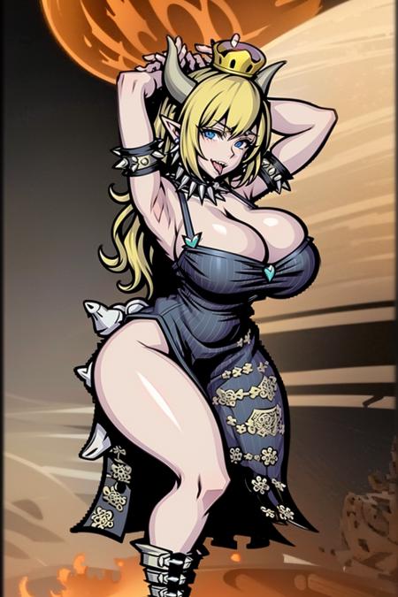 masterpiece, best quality, (highres:1.2), (ultra-detailed:1.2), Vanrip, 1girl, bowsette, armlet, armpits, bare shoulders, black dress, blonde hair, blue eyes, bowsette, bracelet, breasts, chain, cleavage, collar, crown, dress, earrings, fire, horns, huge breasts, jewelry, large breasts, long hair, looking at viewer, nail polish, open mouth, pointy ears, ponytail, sharp teeth, solo, spiked armlet, spiked bracelet, spiked collar, spikes, super crown, tail, teeth, tongue, tongue out, thick lineart