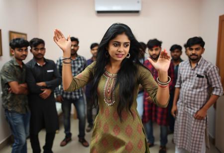 Indian woman in her twenty's dancing in kurta in middle of room surrounded by guys with sad,confused and scared facial expression