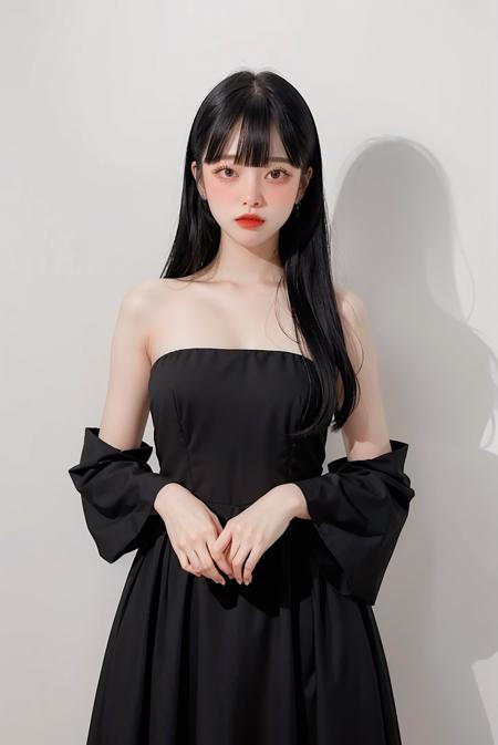 1girl, hair with bangs, black formal long dress, white background, <lora:Fon_Pattaraporn-02:1>