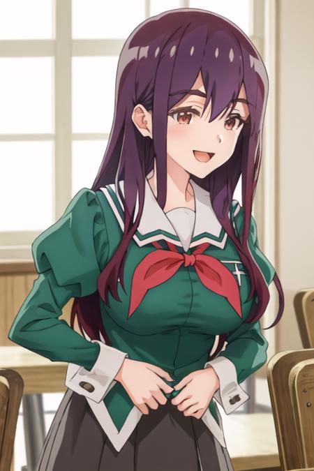 best quality, masterpiece, highres, solo, {yano_mitsuki_watashinoyuriwaoshigotodesu:1.15}, long_hair, purple_hair, brown_eyes, hair_between_eyes, 1girl, closed_eyes, facing_viewer, school_uniform, smile, ^_^, bangs, sailor_collar, shirt, upper_body, white_sailor_collar, bow, green_shirt, neckerchief, blush, bowtie, red_neckerchief, puffy_sleeves, :d, closed_mouth, open_mouth, red_bow