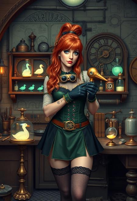 tinker-alchemist building a clockwork duck from copper and brass with gears and cogs, alchemy punk and steampunk motif, old, Copper hair, purple eyes,Goth Makeup, Round Eyes,Eyelashes, High ponytail, Steampunk goggles, goggles around neck, (Alchemy and Tinker shop within a castle, blueprints on walls, tools, workbench, stone walls, wood furniture, druid runes on wall, blueprints on wall, beautiful feminine woman standing in front of a shelf with  specimens of bioluminescent glowing fai creatures in jars, glowing potions in bottles,  and complex objects, magic shop, curvy hourglass figure, long copper colour hair, , skirt, translucent shirt, green corset, tool belt, many pockets , muscular thighs, gloves, rainbow thigh high socks, skindentation, pagan, druid, tattoos,Faeothic