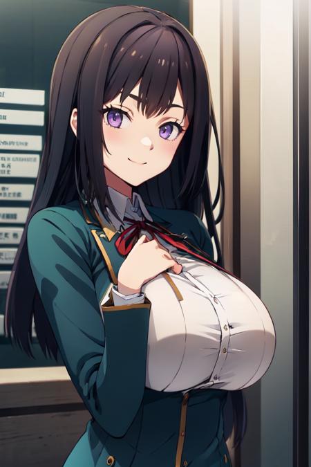 1girl, koichoco school uniform, green jacket,  huge breasts,  breasts,  black hair,  (medium hair:1.2) , purple eyes,  smile , upper body  <lora:koichoco-v1:1>