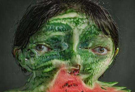 A female watermelon-human hybrid with embedded electronics, cartoon eyes,