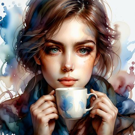 Ultra realistic color pencil  image of
Digital painting of a young woman with loosely tied hair, holding a steaming cup of coffee close to her face. The style is delicate and watercolor-like, with soft, intricate details and a pastel color palette. The woman has a peaceful, contemplative expression, with wisps of steam rising from the cup. The background is light and abstract, complementing the serene and cozy atmosphere of the scene. Dominant color is brown in entire image.
ral-wtrclr,
BREAK
 Deep dark intense maroon-brown blue misty background
Dark theme, dynamic lighting, (soft shadows), (soft focus), (photo realistic), uhd, 8k
