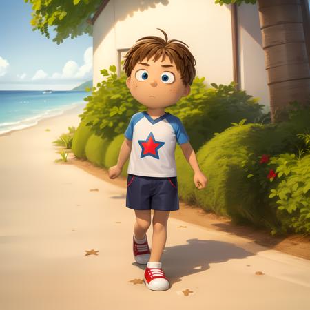 tommy blue eyes brown hair freckles shorts shirt star (symbol) red shoes child