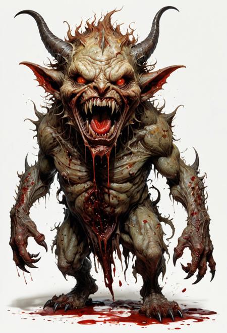 full body, lineart, fantasy concept art, a repulsive-looking, deformed, wrinkled demon screams, its mouth is wide open, ugly stubby teeth, blood spurts everywhere from its body, it is covered in blood from head to toe, gruesome, frightening, cruel, disgusting, watercolor wash, approaching perfection, pure form,  minimalistic, unfinished, concept art by Brian Froud and Carne Griffiths, intricate details, 8k post production, high resolution, hyperdetailed, trending on artstation, sharp focus, studio photo, intricate details, highly detailed, by greg rutkowski<lora:xl_more_art-full_v1:0.5>
dungeon and dragon , fantasy,  detailed_eye_model, white background, brown red yellow olive