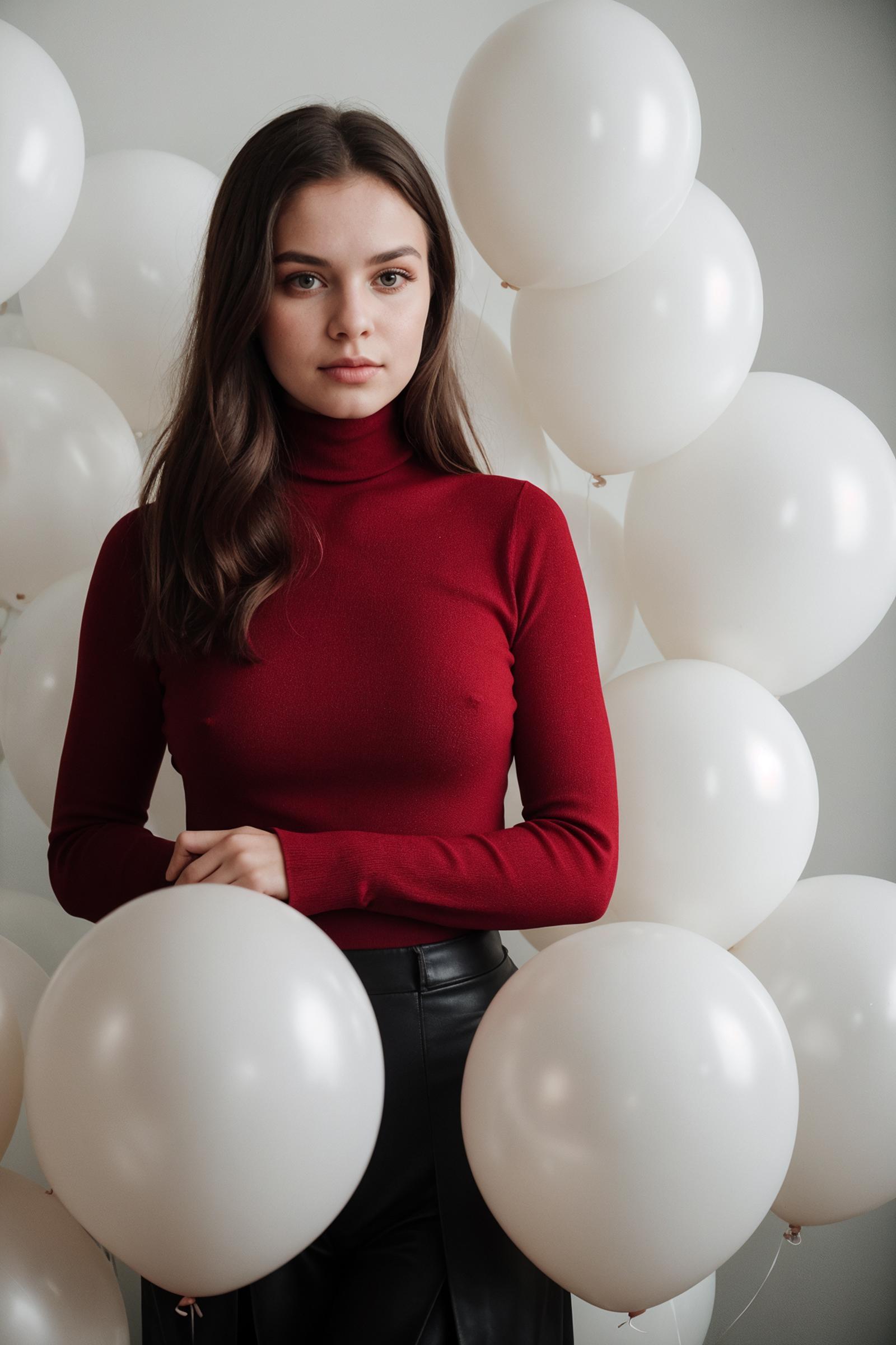 A young woman wearing a red top and black leather pants stands in front of a wall of white balloons.