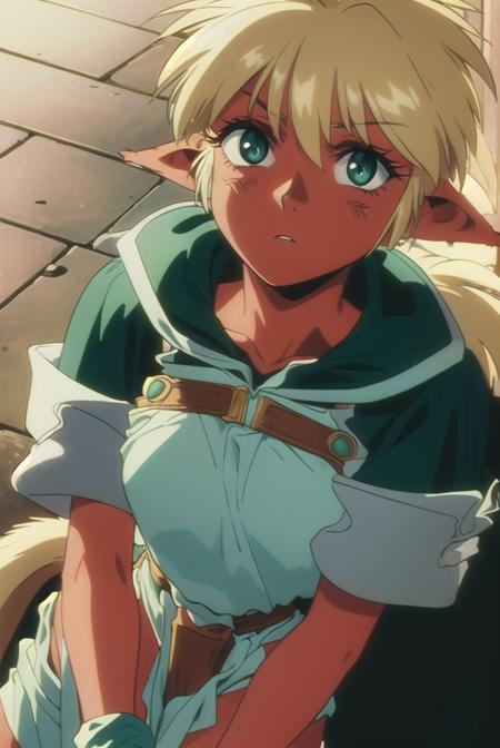 fam, blonde hair, (green eyes:1.5), pointy ears, dark skin, dark-skinned female, elf, long pointy ears, (retro artstyle:1.5), (1990s \(style\):1.5), tail, short sleeves, wristband, pelvic curtain,