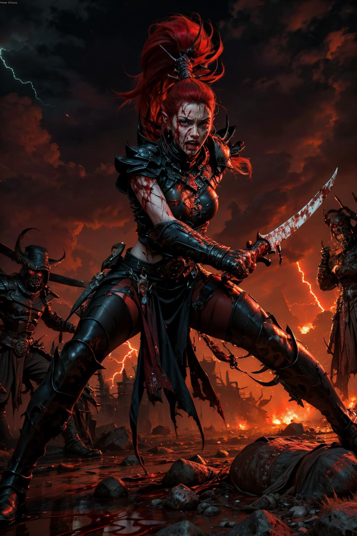 A woman with red hair and blood on her face is holding a sword in front of a battle scene.
